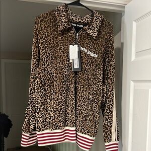 Palm Angels Brown Leopard Track Jacket with Red Stripes